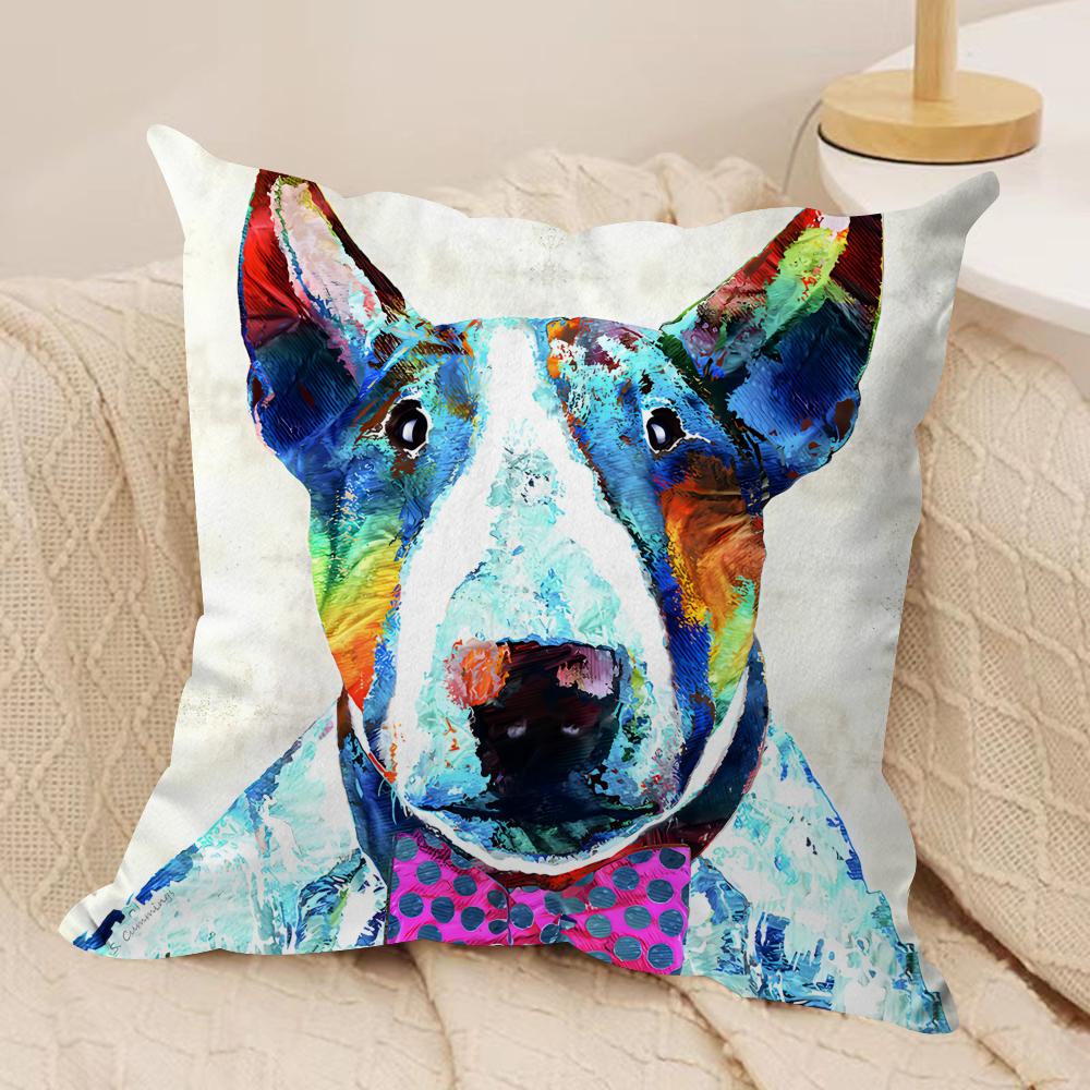 Cartoon Bull Terrier Series Cushion Cover Silky Short Plush Invisible Zipper Dustproof Sofa Pillow Case For Home Decor