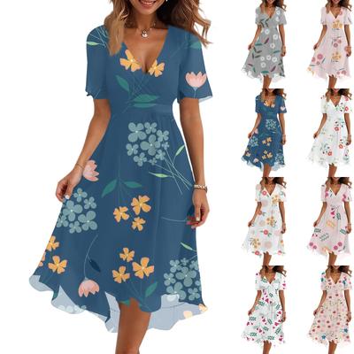 Damenmode Lässig V-Ausschnitt Kurzarm Kleid mit Blumendruck