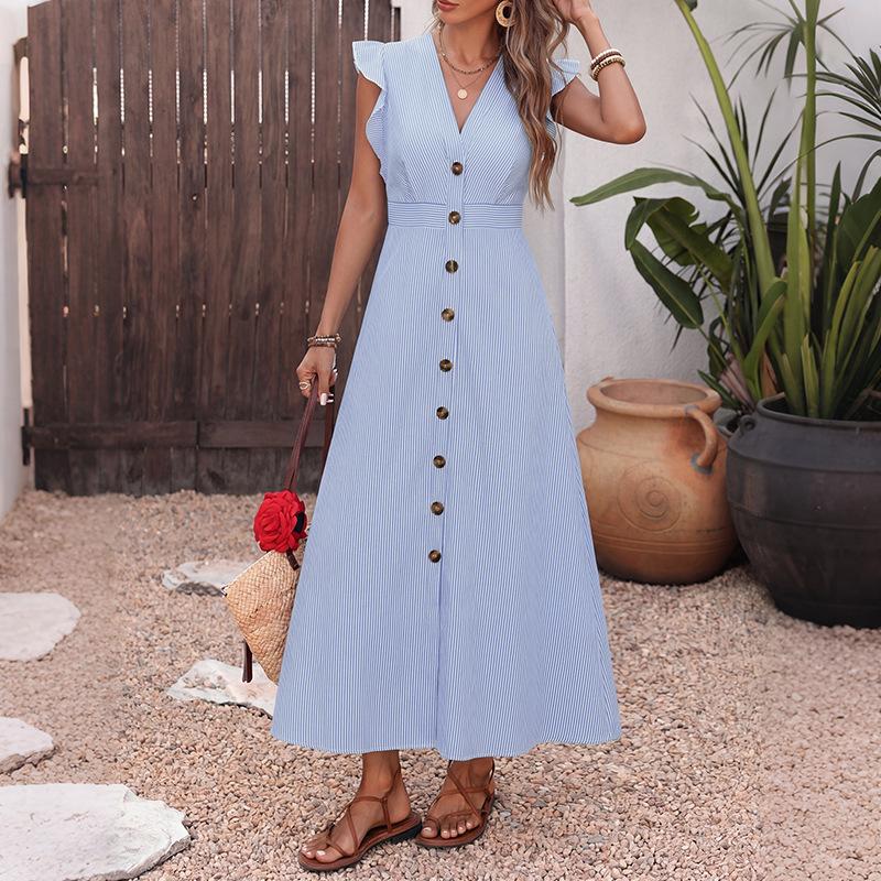 Women's Sleeveless Midi Dress V Neck High Waist Elegant Striped Button Down Shirt Dress