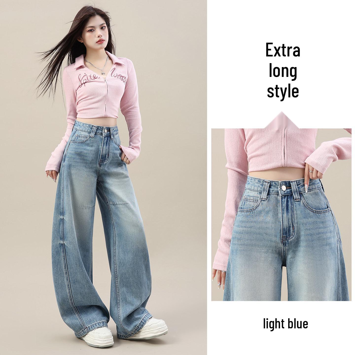 Women s Spring 2026 Light Blue Tie-Dye Wide Leg Jeans with Curved Leg and Drape Slimming Design Double Extra Large