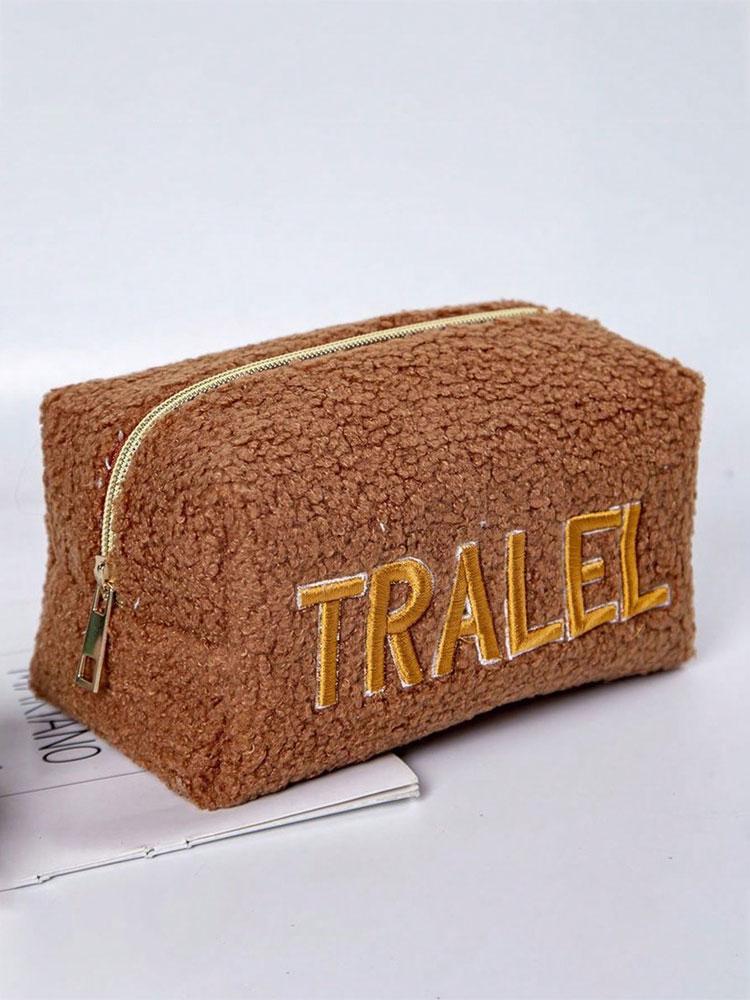 1PC Solid-color Portable Teddy Plush Makeup Bag, Large-capacity Plush Simple Makeup Bag, Travel Makeup Bag