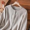 Autumn 2025 Cotton Linen Ruffle Trim Retro Long Sleeve Blouse