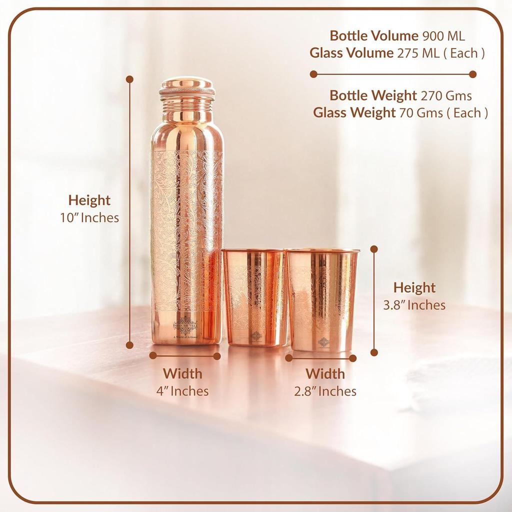 Pure Copper Drinkware Gift Set – Embossed Design with 1 Bottle (900 ML) & 2 Glasses (300 ML) In a Blue Box – Gifting Item