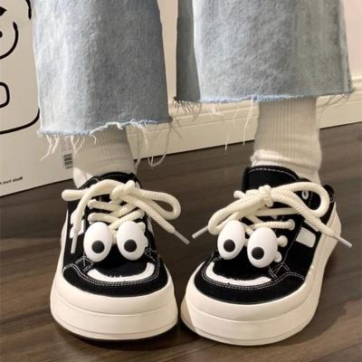 Cute Big Head Half Drag Canvas Shoes Women Spring and Summer New Original Design Thick Sole Two Wear White Shoes Women