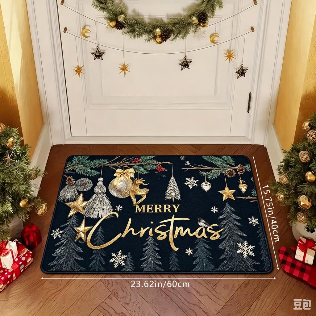 Vintage Xmas Welcome Doormat for Entryway Floor Mat Home Holiday Decor Pine Branch Snowflake Letter Pattern Stylish Front Porch