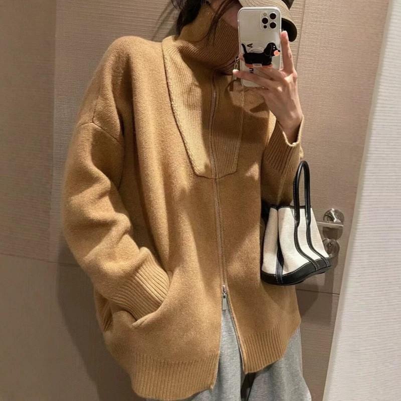 Womens Oversized Knit Cardigan Double Zip Lapel Thick Warm Sweater Coat Fall Winter