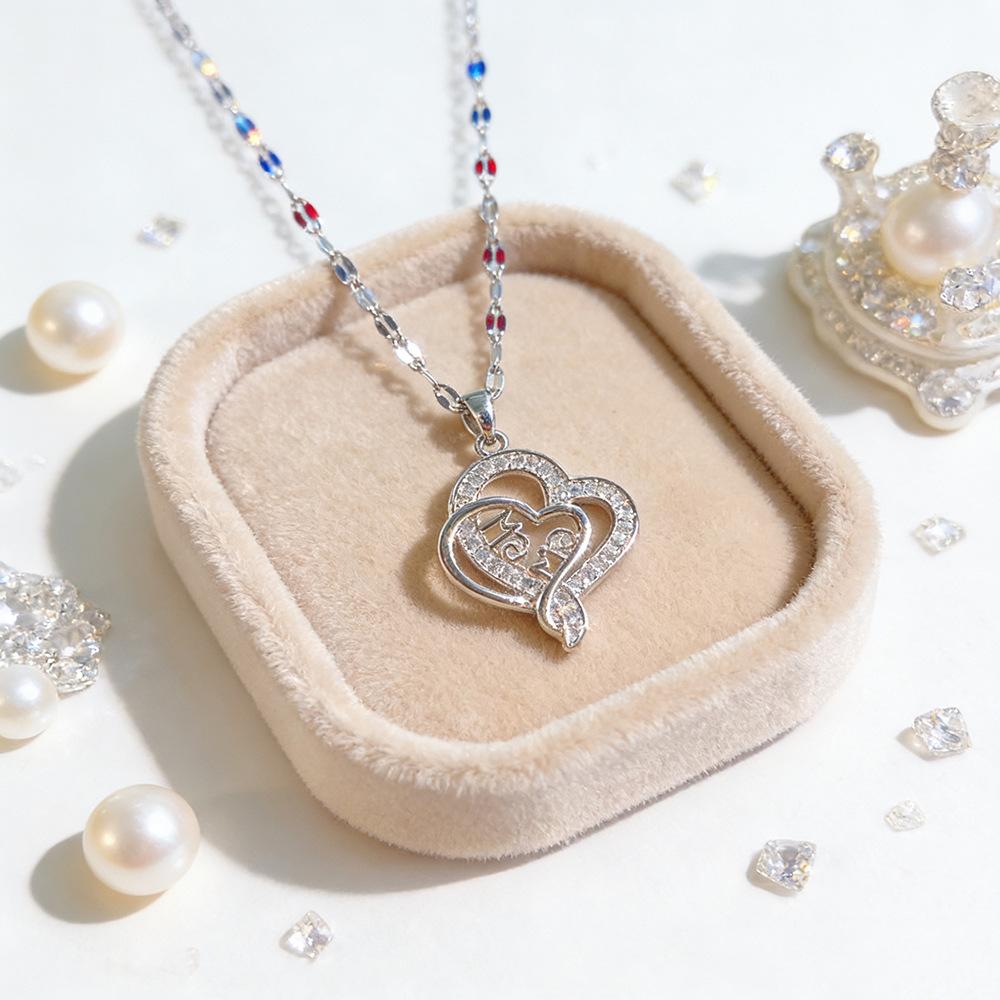 Heart Shape Mama Pendant Inlaid Zircon Titanium Steel Clavicle Necklace For Mother