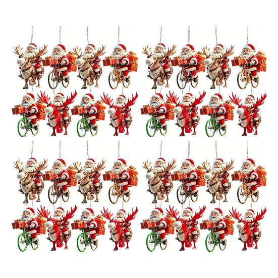 Creative Festive Home Ornaments 8/16/24/32Pcs 2D Flat Christmas Wooden Ornaments, Santa Claus Riding Bicycle Hanging Xmas Door And Window Decorations