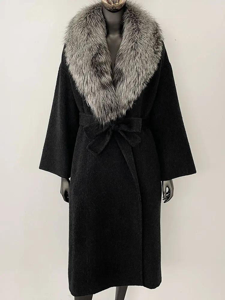 OFTBUY Kabát z pravé kožešiny 2024 Nadměrný dámský svrchní oděv Zimní dámská bunda s límcem z přírodní liščí kožešiny Kapuce Kašmírová vlněná směs Kabát