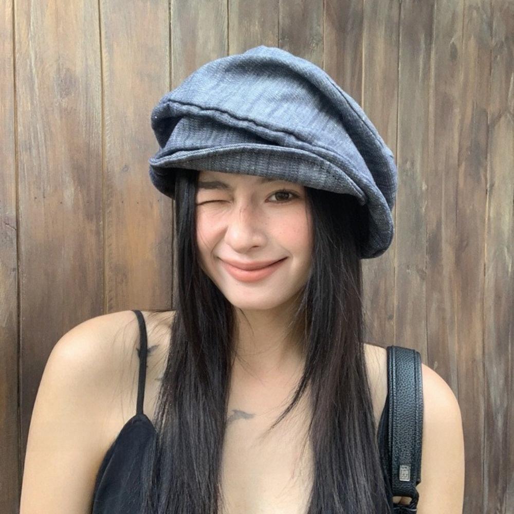 Japanese Denim Beret Cloud Pleated Painter Hat Casual Octagonal Cap  Girl