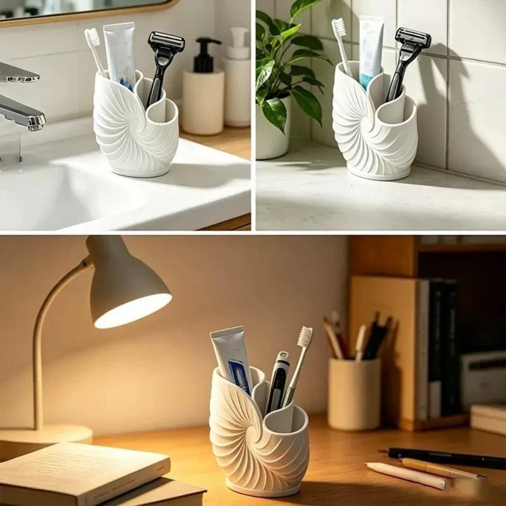 3 Slot Nautilus Toothbrush Holder Ocean Style Aesthetic Toothpaste Storage Shelf 3D Printed Plastic Makeup Brush Organizer
