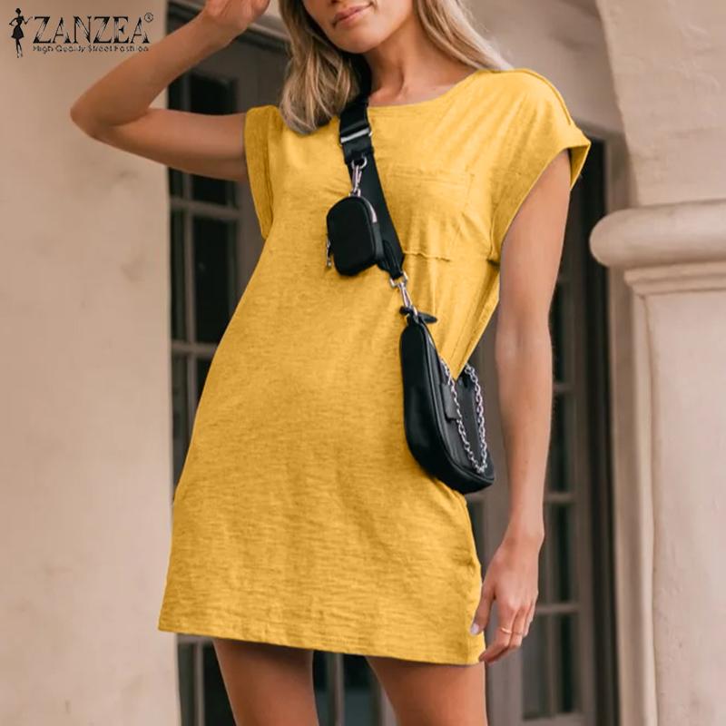 

ZANZEA Женская футболка с коротким рукавом с круглым вырезом, однотонное повседневное мини-платье