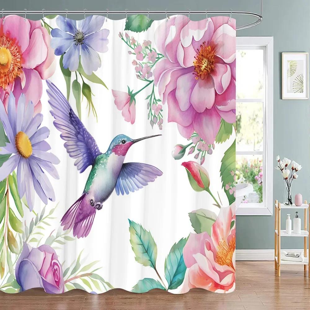 Tropische Pflanze Papagei Duschvorhang Aquarell Monstera Palmenblatt Vögel Rosa Floral Grüne Blätter Badezimmer Vorhänge Heimdekoration