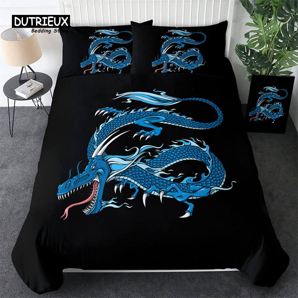 3D Dragon Duvet Cover Microfiber Blue Clouds Twin Bedding Set Chinese Historical Eastern Dragon Comforter Cover With Pillowcases