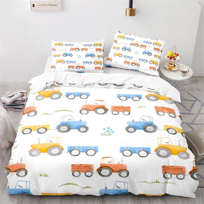 Kid Tractor Truck Duvet Cover Twin Cartoon Transportation Quilt Cover Polyester Construction Vehicle Bedding Set Car Theme Decor