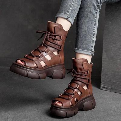 Sandals Women's Boots Hollow High-top Platform Fashion Open-toed Fish Mouth Boots 2025 New Summer Retro Roman Shoes Breathable