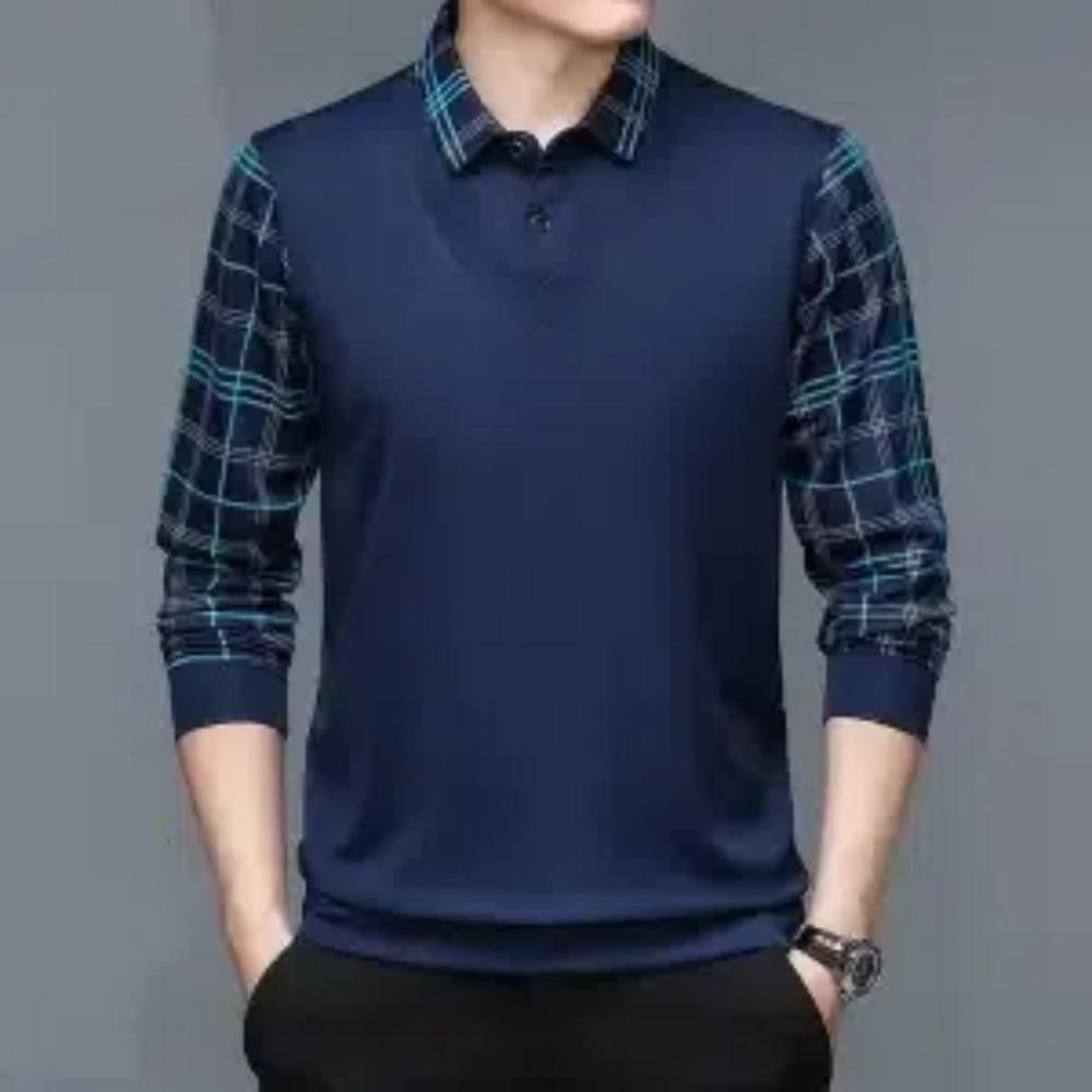 

Весенняя новинка, мужская футболка-поло с длинным рукавом, свободный низ в полоску, модная повседневная одежда-пуловер, деловые рубашки на пуговицах XXXL темно-синий