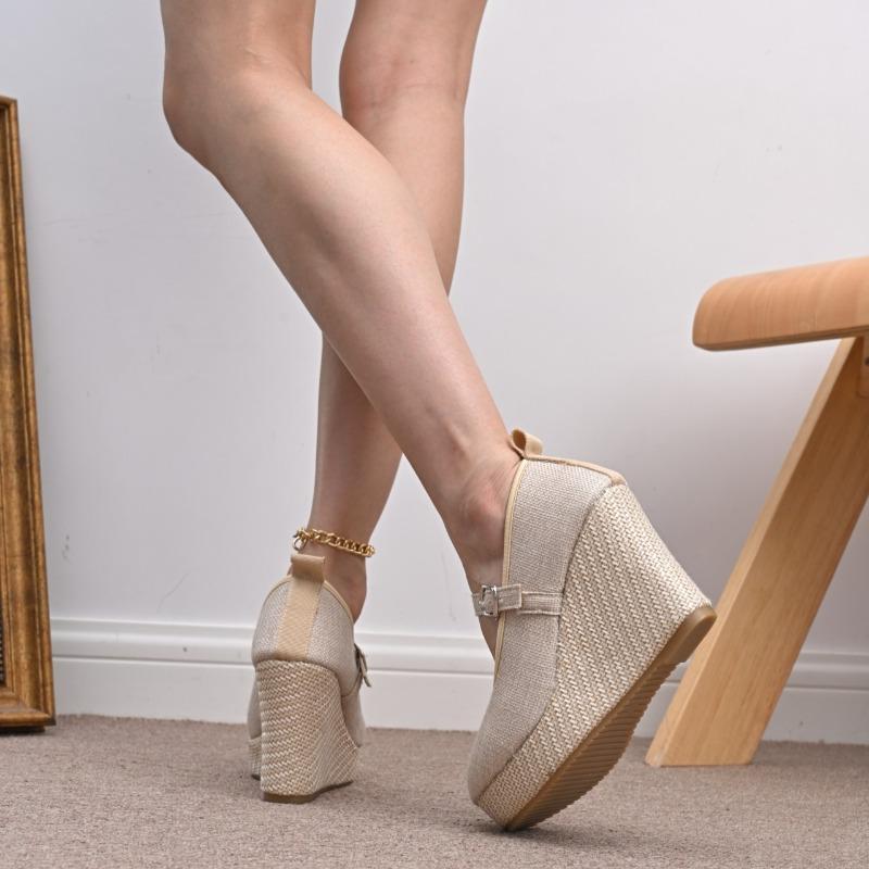 High Heeled Single Shoes Fashion Round Toe Shallow Mouth One Line Slip with Cloth Surface Platform Anti-Slide Heel Shoes