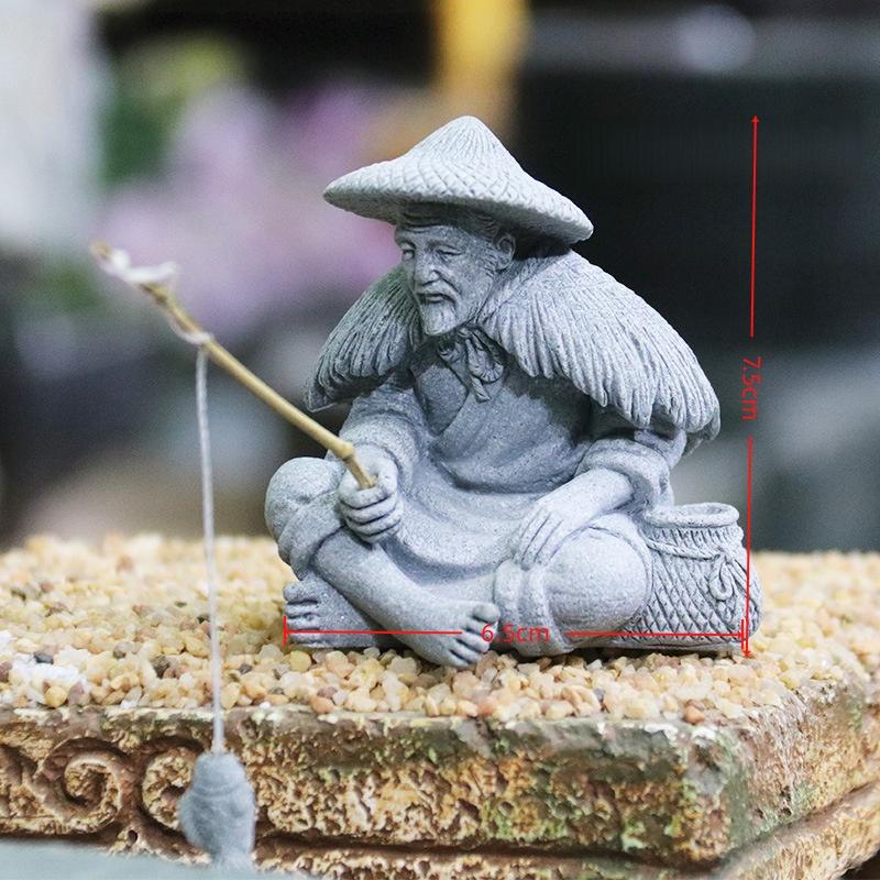 1 Stück Aquarium Mini Fischer Statue Asiatisch Zen Heimdekoration Aquarium Garten Sitzen Angeln Sandstein Vintage Ornament