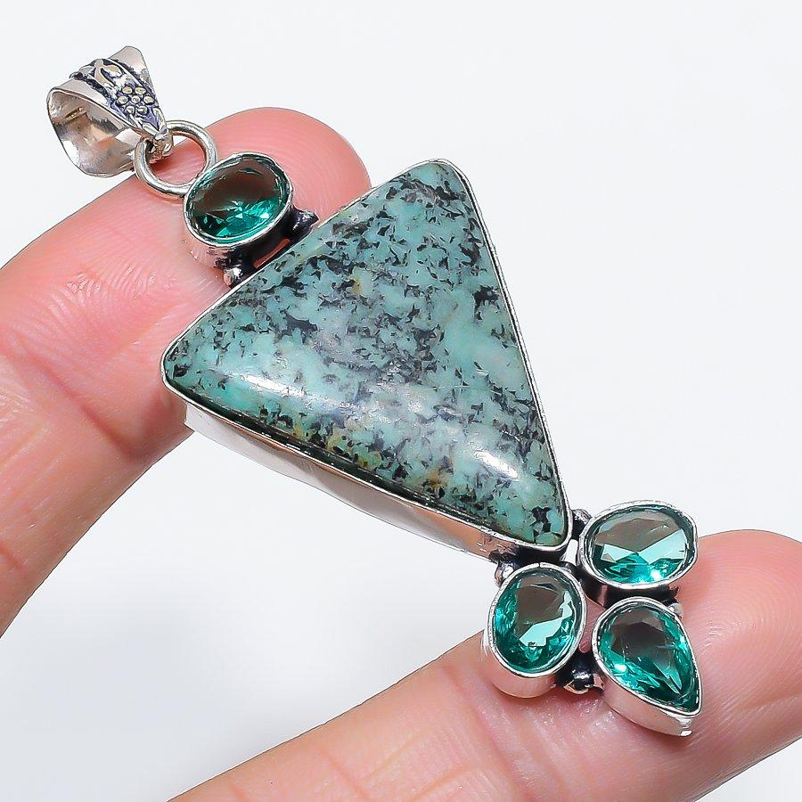 Natural Tibetan Turquoise, Topaz 925 Sterling Silver Jewelry Pendant 2.76" K1G00