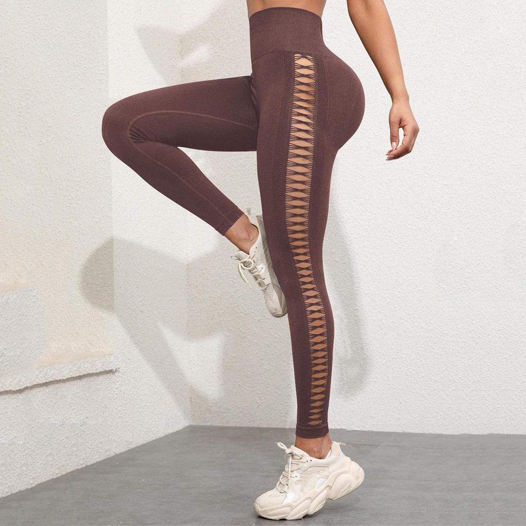 Sporty Tie Side-hole Yoga Pants With High Waist And Buttock-enhancing Feature Seamless Elastic Tight Pants.