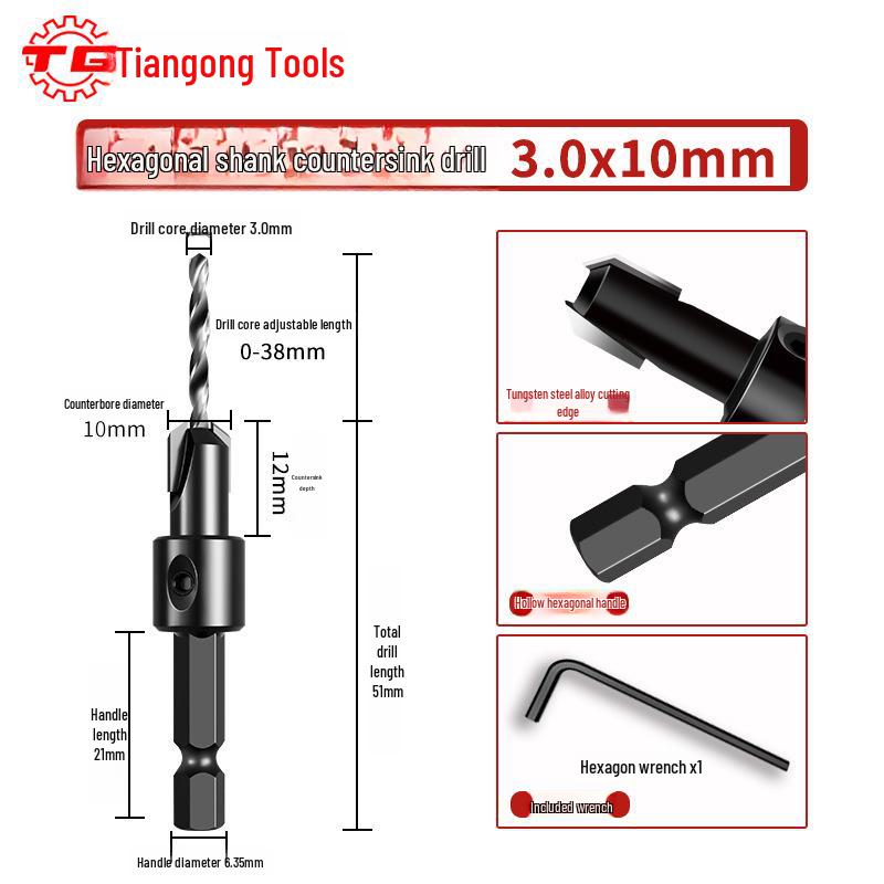 Tiangong Hex Shank 90° Countersink Drill Bit for Flat Bottom Self-Tapping Screws