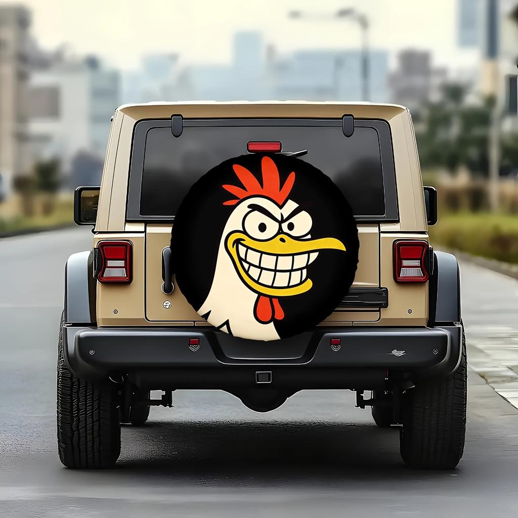 Angry Rooster Grinning Teeth Tire Cover Polyester Spare Protector Snug Fit SUV Trailer Accessory