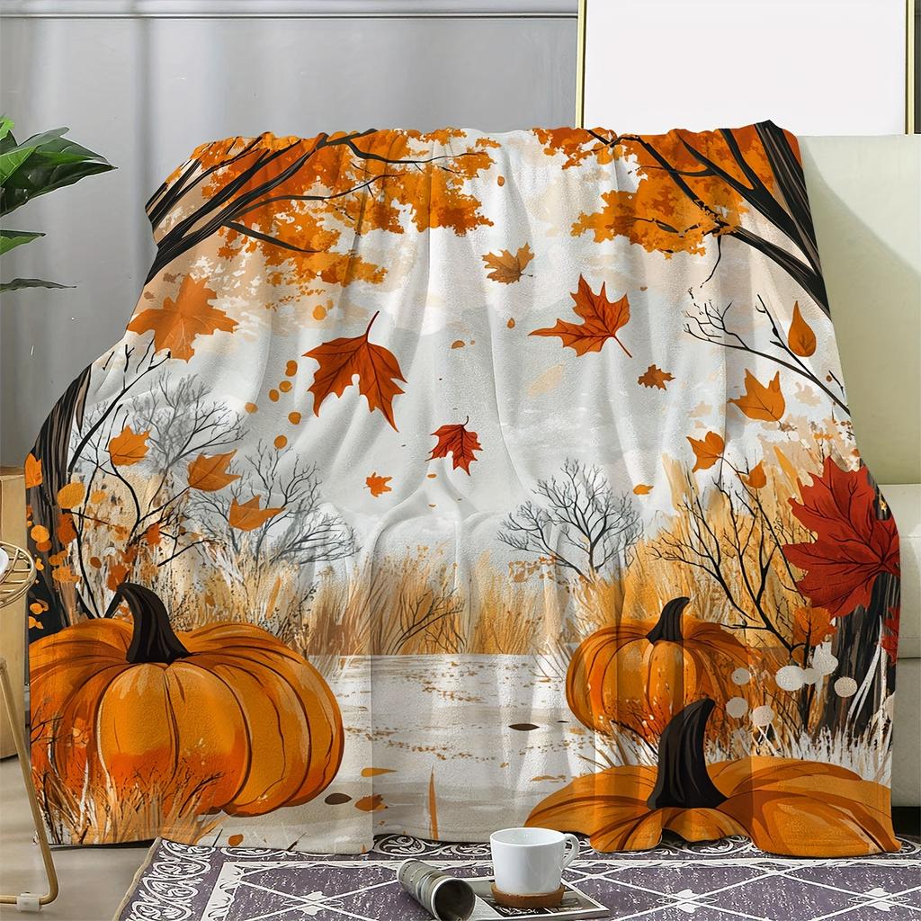 Vintage Flannel Throw Blanket with Autumn Leaves Pumpkin Print - Cozy Soft Warm Decorative Knitted Throw for Couch, Bed, Office,