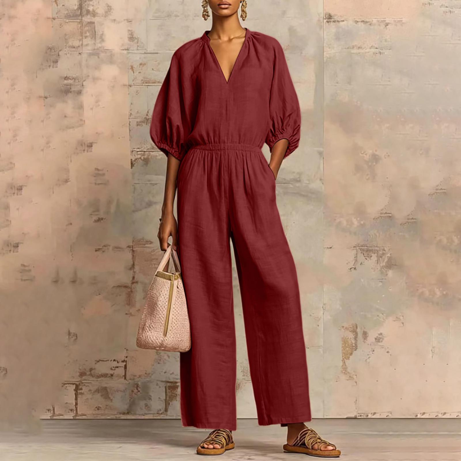 

Women’s Long Sleeve V Neck Jumpsuit with Elastic Waist Loose Fit Wide Leg Casual Romper for Everyday Wear XL винний
