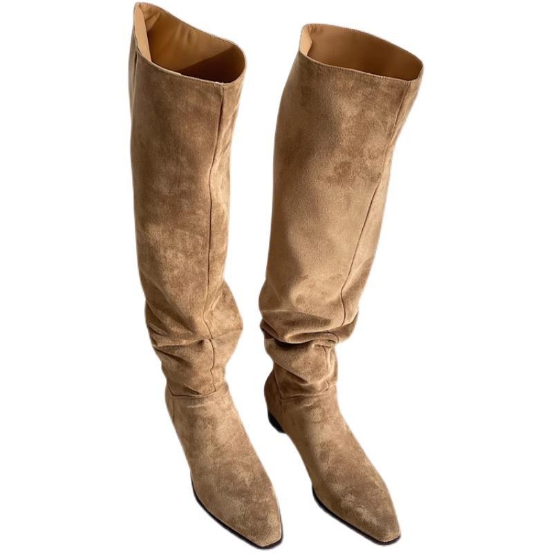 

New wide tube thick leg long boots big tube circumferential boots women s flat bottom stacking boots straight boots suede high boots 40