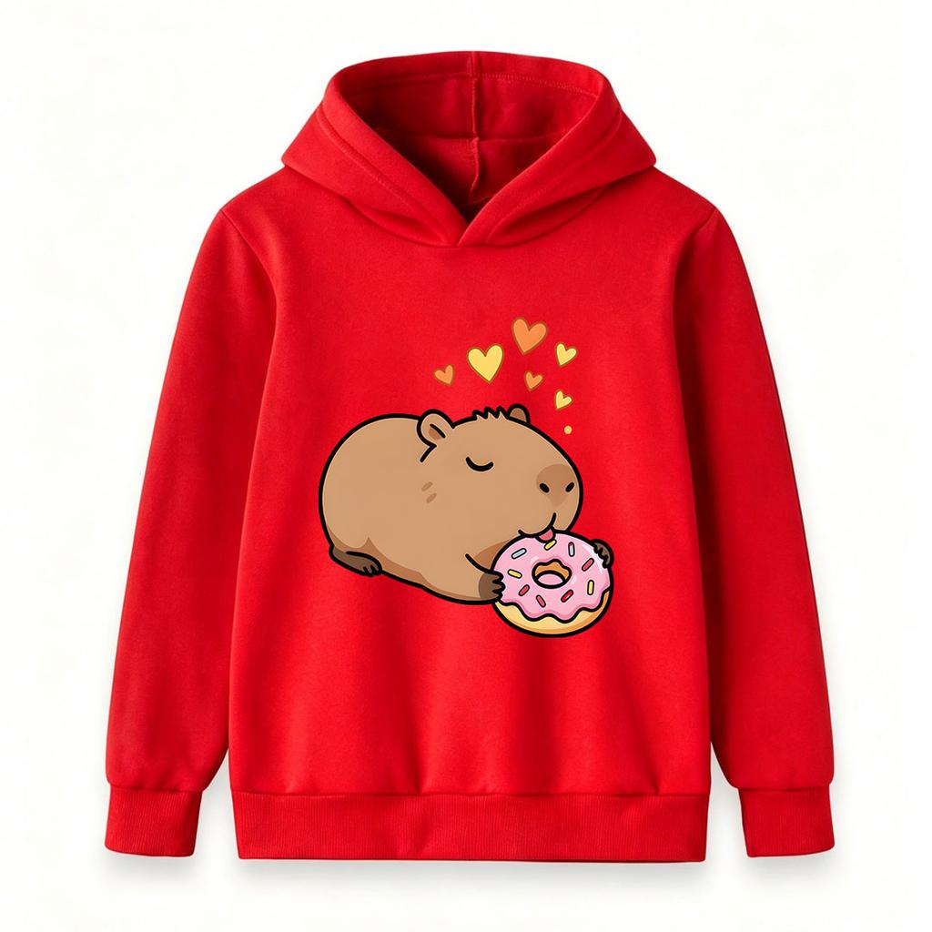 Kids Boys Girls Casual Hoodie, Cute Cartoon Capybara Eating Donut Print Pullover Hooded Sweatshirt, Cozy Long Sleeve Top For Daily Casual