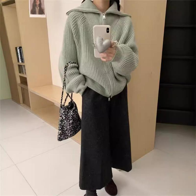 Simple zipper navy collar knitted cardigan women's autumn and winter new niche loose lazy sweater jacket