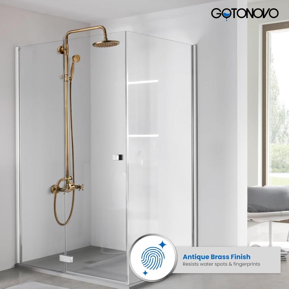 Exposed Bathroom Shower Faucet Set Shower Fixture 8 Inch Rainfall Shower Head Handheld Shower Cross Handle Wall Mount 2 Functions Antique Brass