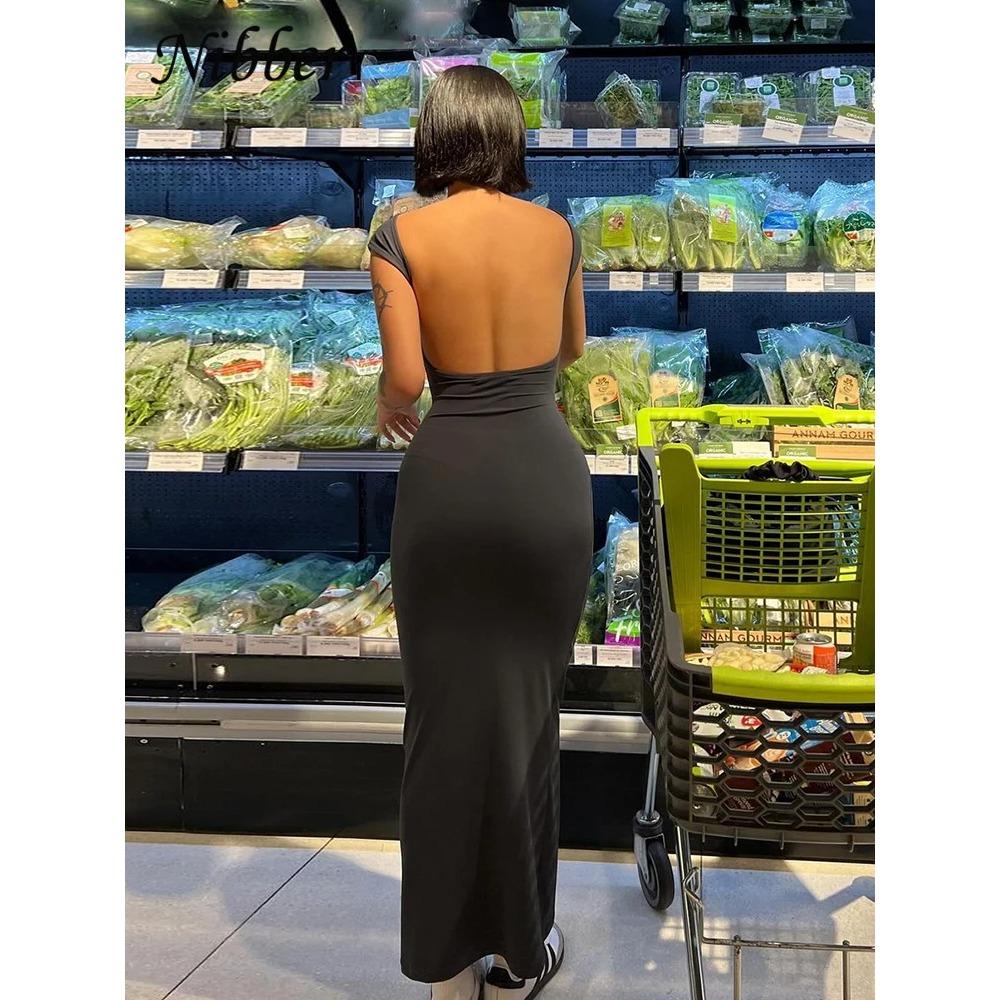 Solid Sexy Backless Maxi Dress Women Elegant Elastic Slim Short Sleeve Long dresses Female Bodycon Streetwear Clothing