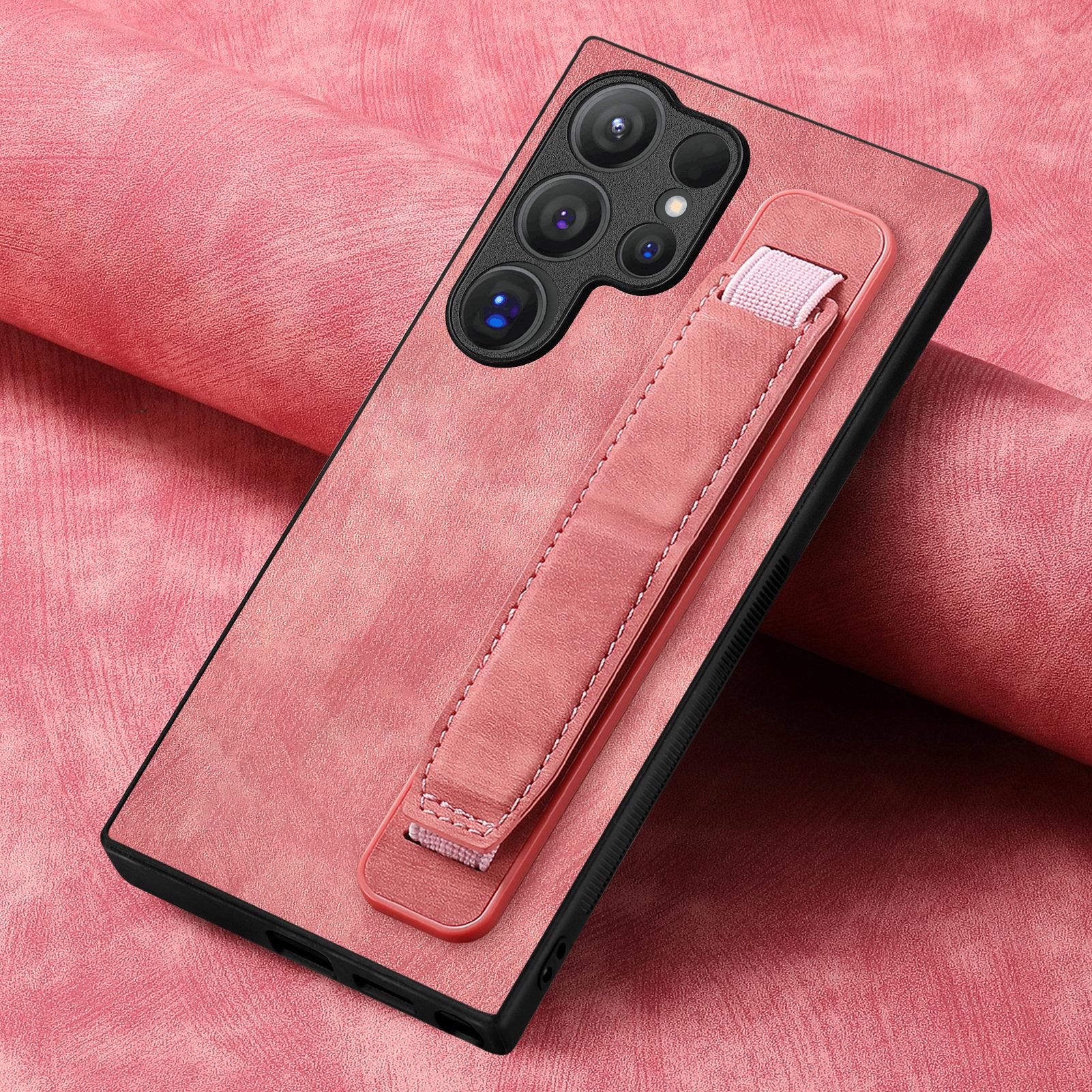 

For Samsung Galaxy S25 Ultra Case with Wristband Kickstand Leather+TPU Phone Cover Pink