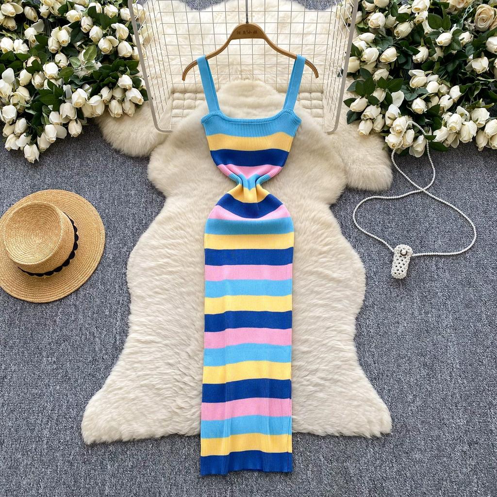 Summer Women Casual Spaghetti Strap Striped Knitted Sheath Sweater Dresses