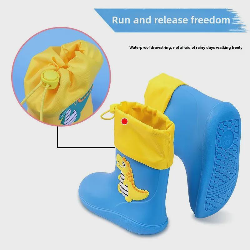 Kids' Cartoon Dinosaur Waterproof Rain Boots with Drawstring, Cotton-Lined, for Boys and Girls, Ideal for Kindergarten.