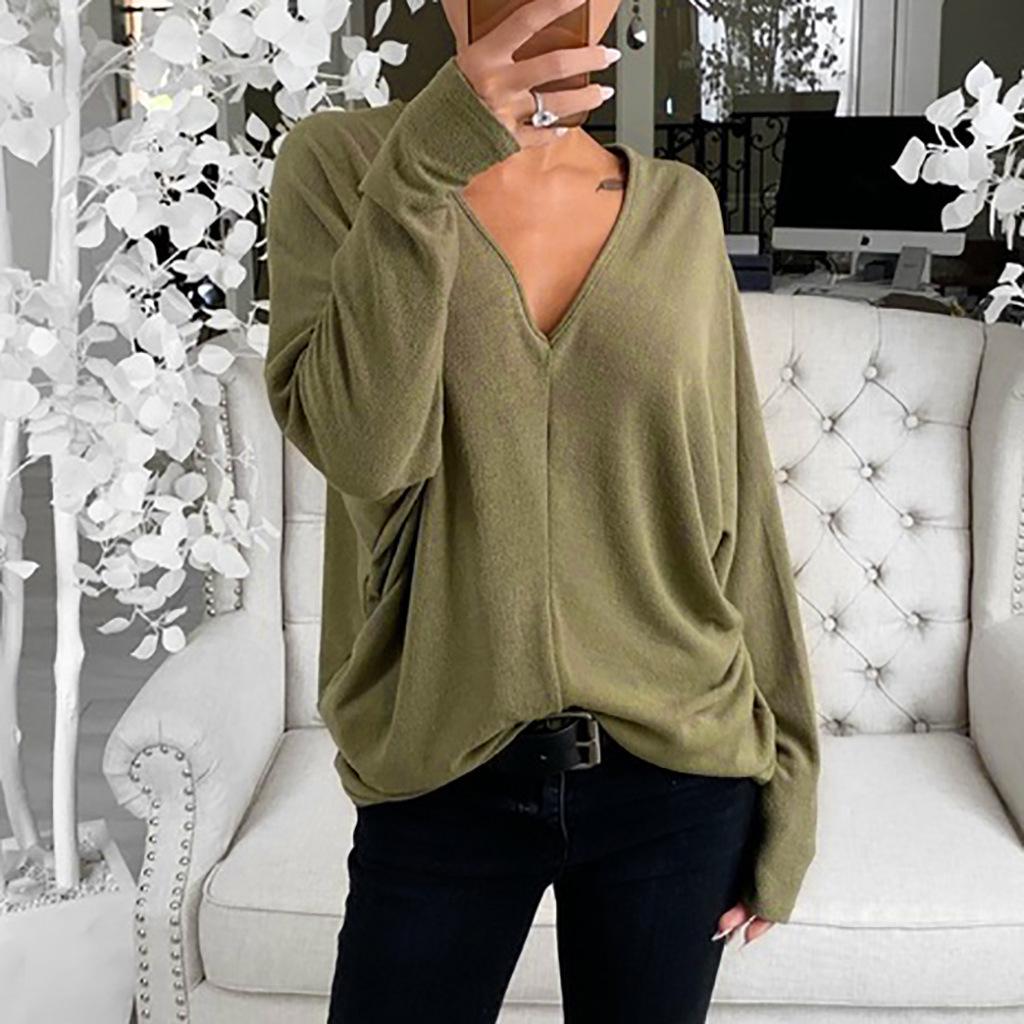 Simple Style Women Spring Fall Solid Color T-shirt Loose V-neck Casual Top