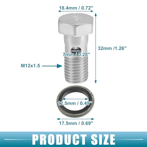 Ein ABSOPRO Hohlschrauben-Bremsleitungs-Anschlussadapter für Auto 1,26" Länge M12x1,5 Bremsleitungsgewinde Einzelne Hohlschraube mit 2 Kupferscheiben