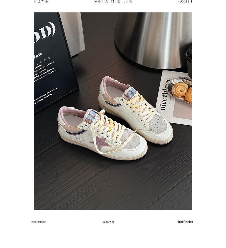 Women's Retro Patchwork Distressed Star Sneakers - Spring 2025, Casual Lace-Up Flat White Shoes