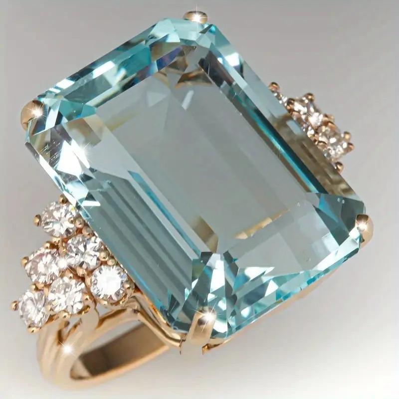 Luxury Inlaid White Sea Blue CZ Women's Ring Aesthetic Gold Color Geometry Daily Wear Party Jewelry Anniversary Gift