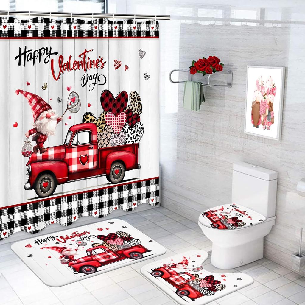 Likiyol Valentines Day Shower Curtain Sets with Rugs, Red Truck Gnome Valentines Bathroom Sets with Shower Curtain and Rugs, Buffalo Plaid Love Heart
