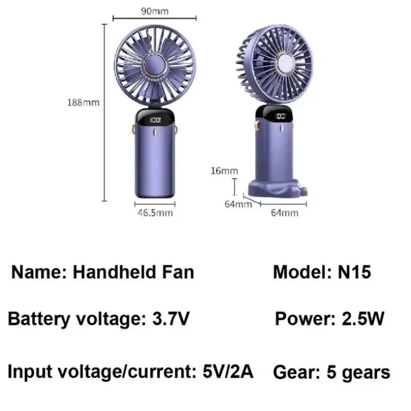 Mini Foldable Hand Fan Handheld Portable Fan with USB Rechargeable Battery Desk Outdoor Neck Hanging 5 Speed Fan