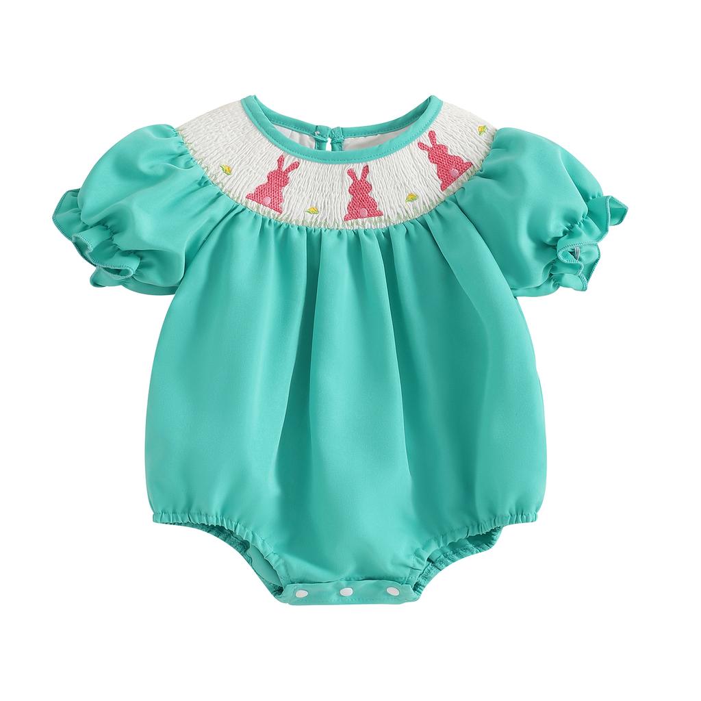 Baby Mädchen Ostern Strampler Kurze Puffärmel Hasenstickerei Gesmokter Body Neugeborenen Outfit