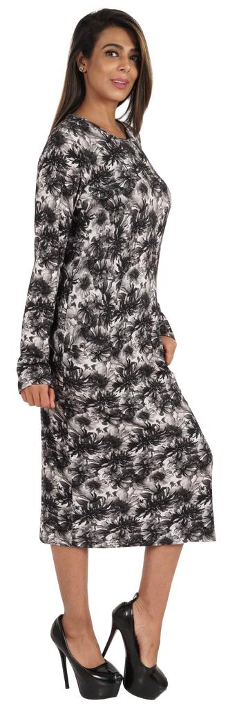 Bimba Printed Long Bodycon Dress With Pockets For Women Full Sleeves Dress Midi