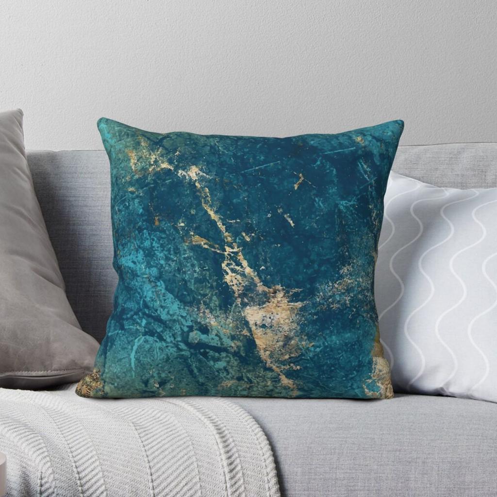 Turquoise Teal Blauw Marmer Vierkante Kussensloop Polyester Linnen Fluweel Bedrukt Rits Kussenhoes Bank Zitkussenhoes