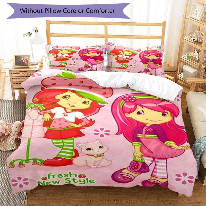 3pcs Strawberry Princess3 Design Cover Set - HD Printed Bedding with 1 Cover and 2 Pillowcases - Perfect for Home and Dorm Decor