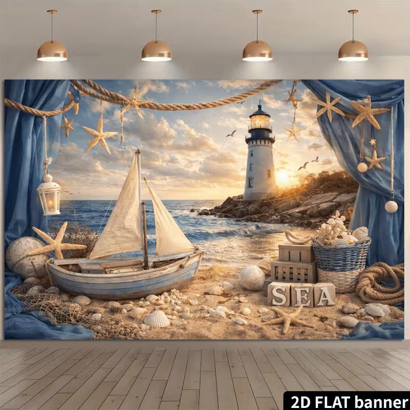 2D Nautical Backdrop with Lighthouse, Sailboat, Starfish & Seashells