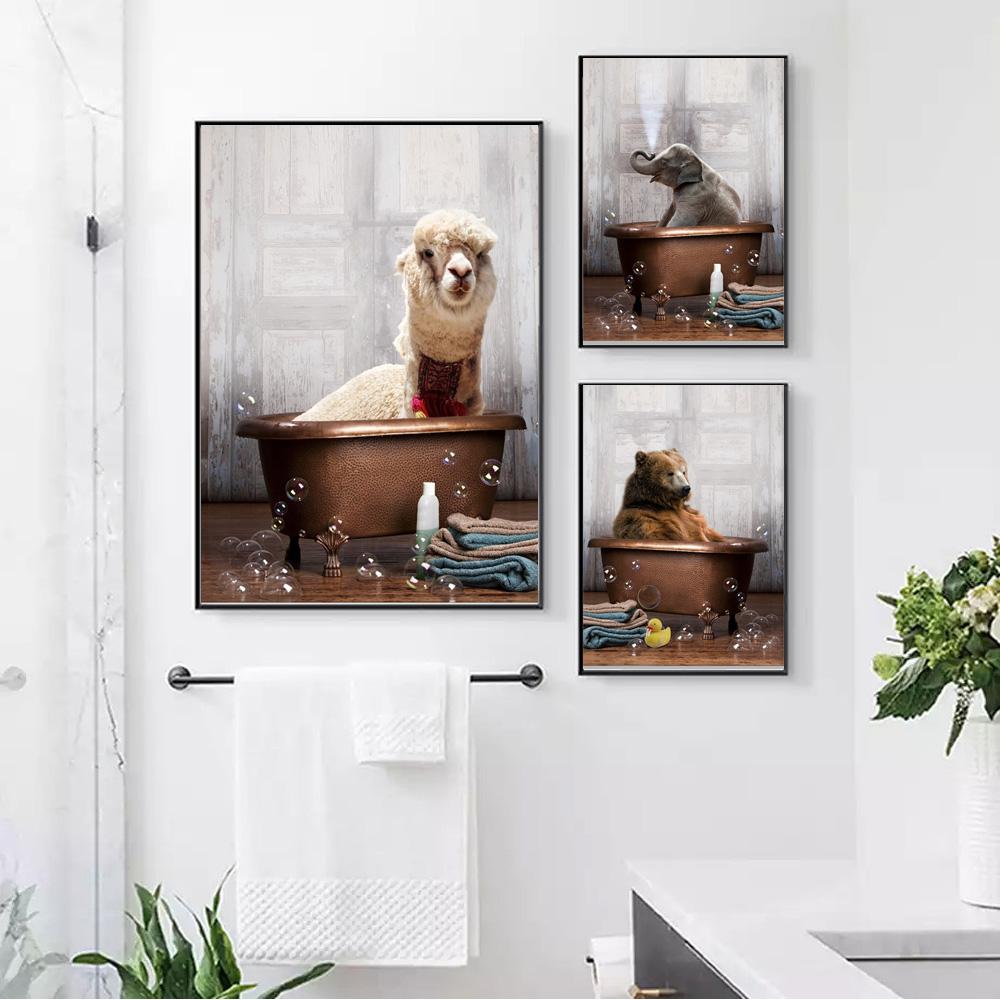 Animal Canvas Painting In Bathroom Lovely Alpaca Elephant Cow Giraffe Toilet Wall Art Poster Home Decoration Mural No Frame