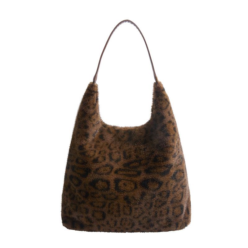 Leopard Print Plush Bag Women's Autumn and Winter Fashion Fluffy Tote Bag Versatile Large-capacity Shoulder Bag